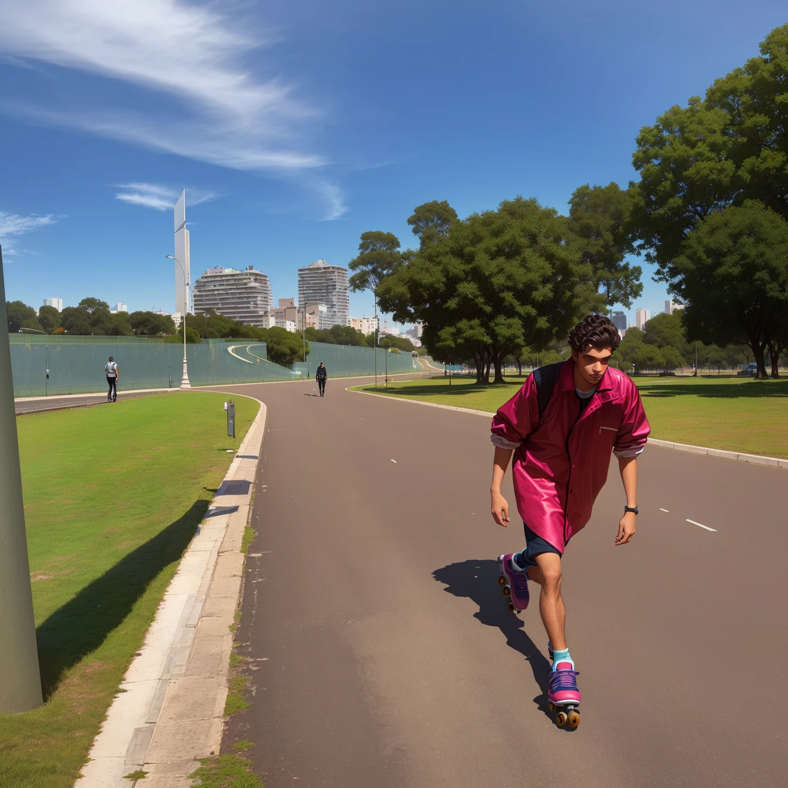 there is a man walking down a road, with a park in the background, walking in the park, with a park in the background, park in the background, In a city park, roller skates, matthew 9 5, malika favre, with a city in the background, Caio Santos, in a park.