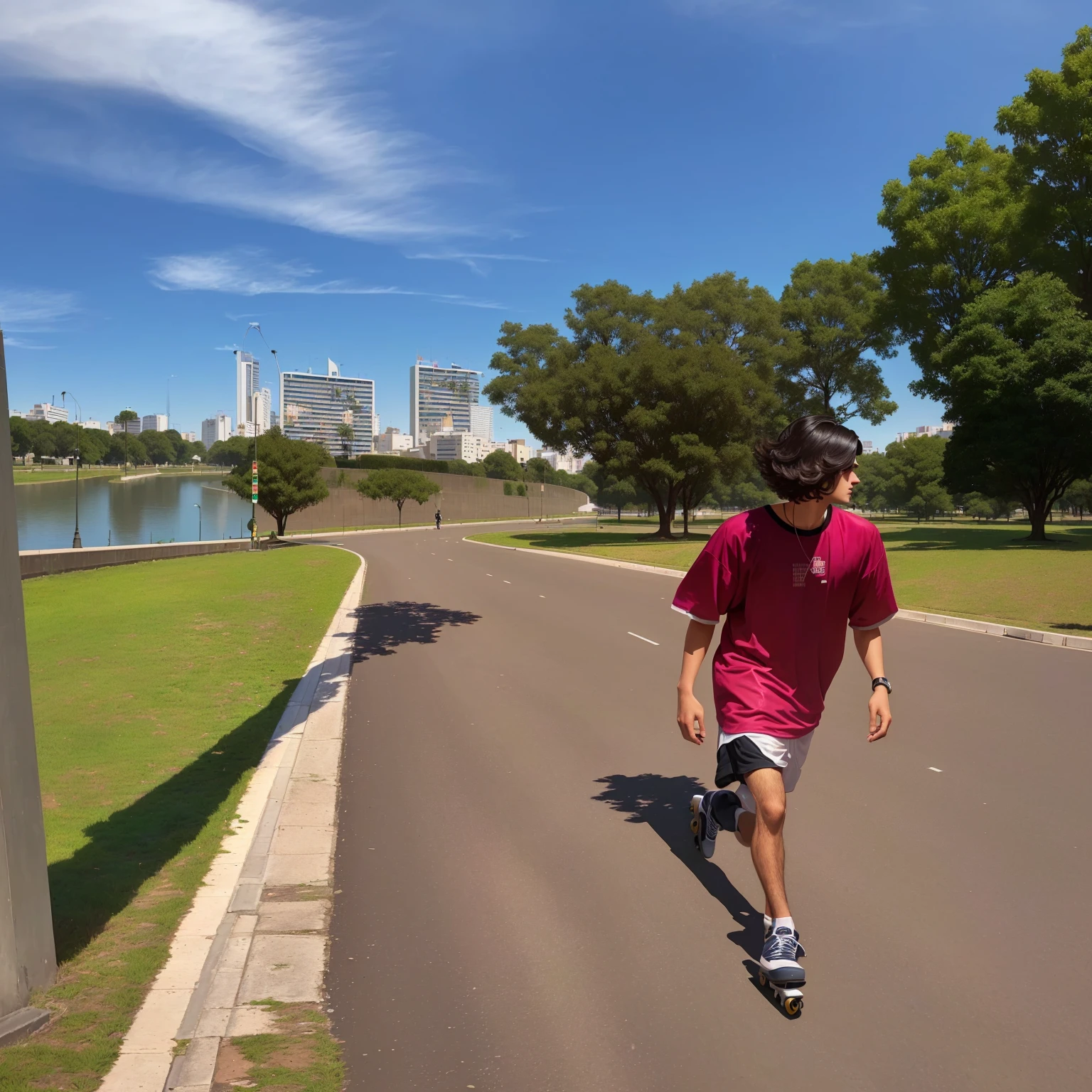 there is a man walking down a road, with a park in the background, walking in the park, with a park in the background, park in the background, In a city park, roller skates, matthew 9 5, malika favre, with a city in the background, Caio Santos, in a park.