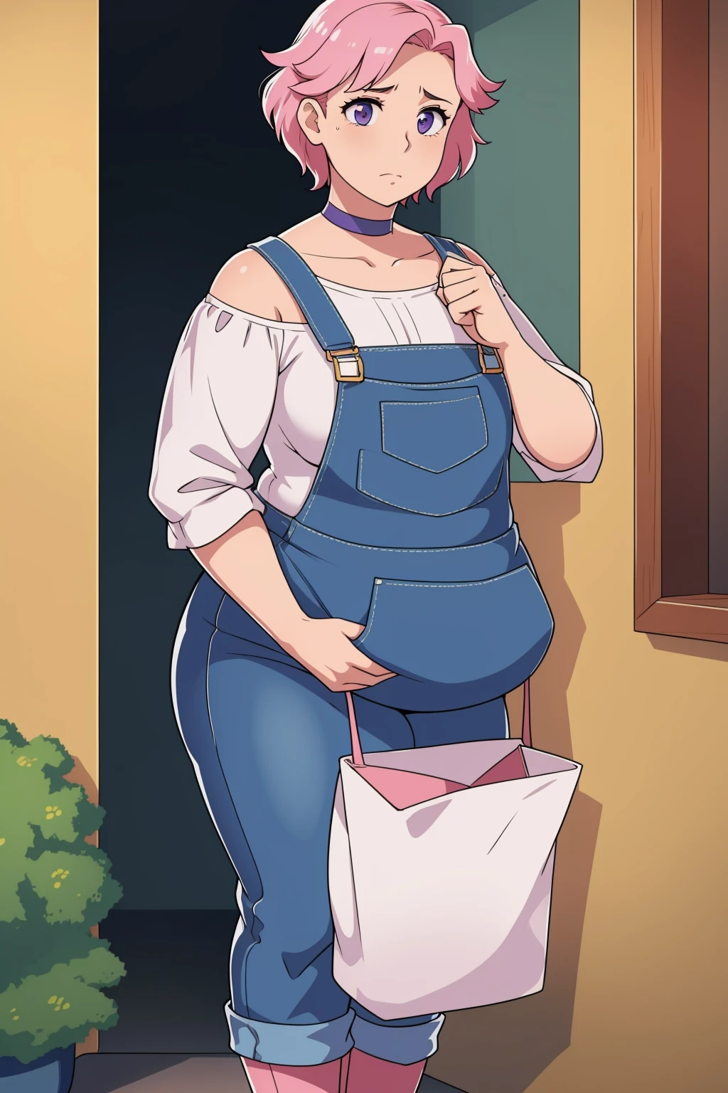 (Pale skin:1.0)Up close, Holding belly, hands on belly, outgrown clothes, (Sad:1.1), (Sad face:1.1)Pale skin, (Obese:1.1),fat, Slightly chubby, sad, farm backround, upper body, looking at viewer, 1girl, solo, short pink hair, (dark blue choker), (dark blue denim overalls), (purple eyes), (pink boots), (white shoulder lantern sleeve blouse, tucked in pants