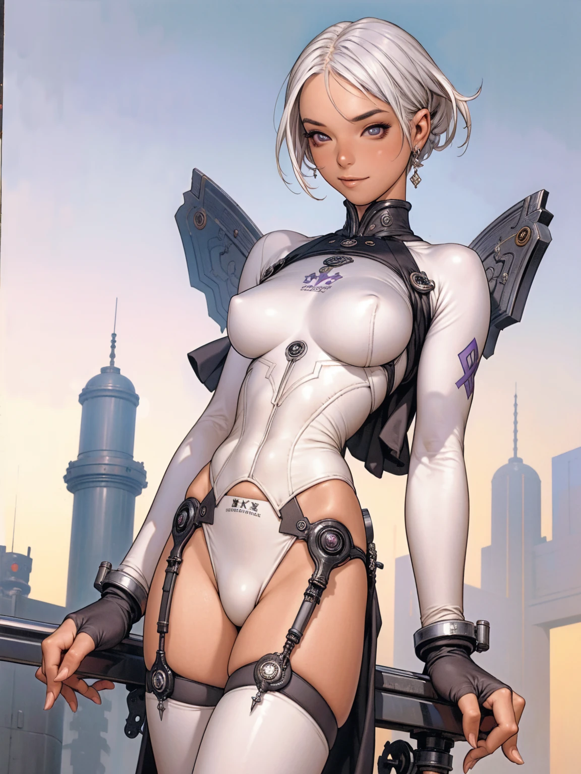 (((devilish smile))), (((lilac suit))), (((white hair bob haircut))), (((metallic arms))), (((muscles))), (((Colossus))), (((X-man))), (((melhor qualidade: 1.4))), (((full metal))), (((DuneWalker))), (((post-apocalypse))), (Unbeatable masterpiece), (hiper HD),(CG 8k hiper-realista), 1Garota armada em um mundo futurista usando roupas coloridas e modernas. Corte de cabelo ultra moderno, perfect body with robotic parts, seios grandes, bunda perfeita, muscles without exaggeration, rosto lindo com olhos azuis penetrantes, add textures to clothes and create something different from the usual, add accessories like garter belt, espartilho e luvas com listras, pele bronzeada e com brilho de molhado, industrial environment with giant heavy machines, Intricate machinery and giant robot parts