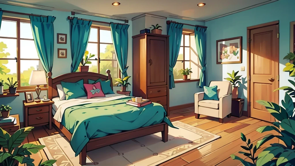 there is a double bedroom, bright sunny, some plants