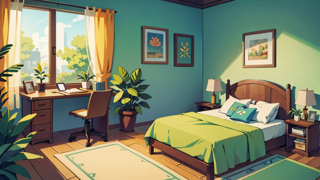 there is a double bedroom, bright sunny, some plants