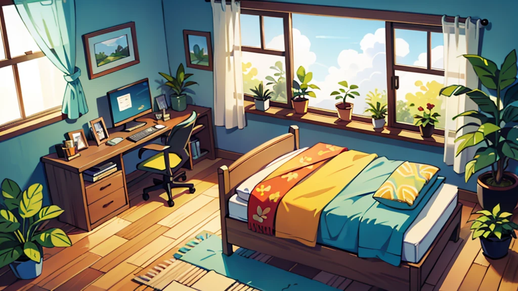 there is a double bedroom, bright sunny, some plants