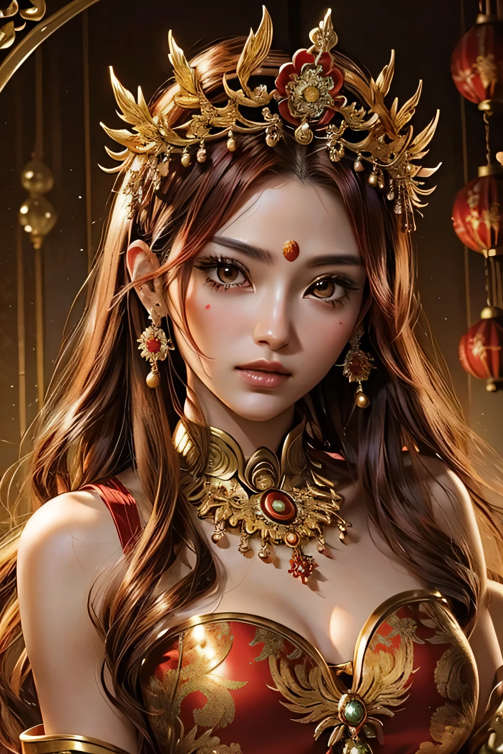 Amaterasu Omikami、Red ornaments、Golden ornaments、golden sun、Golden gorgeous flower、Beautiful female face、Perfect hands、Highest quality