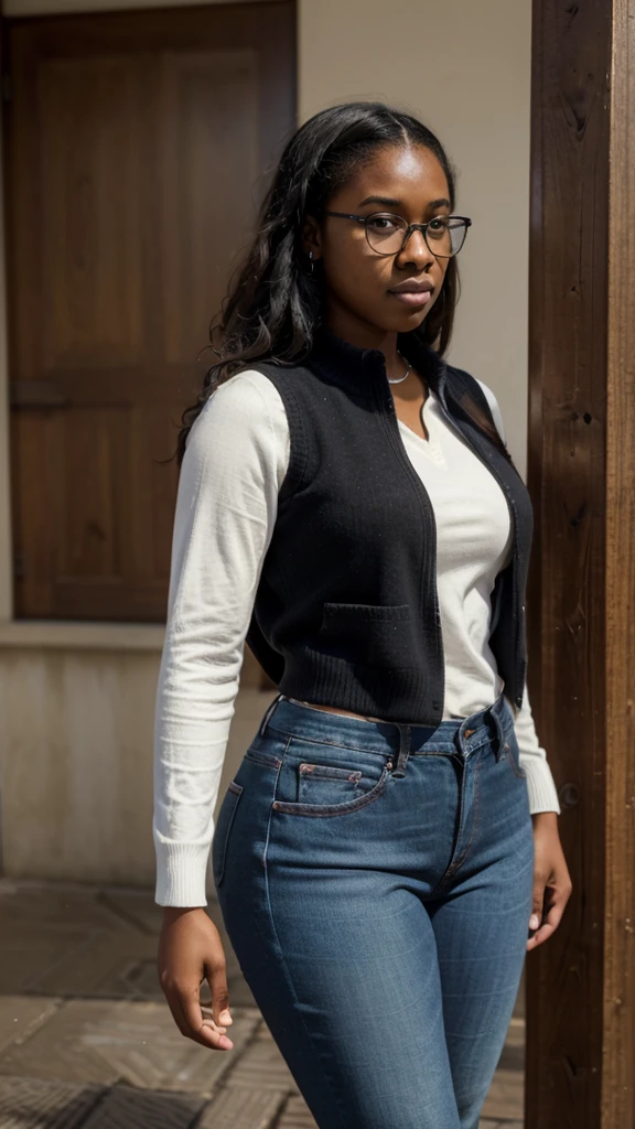 ((masterpiece)), ((best quality)), ((highres)), ((detailed background)), ((extremely detailed CG unity 8k wallpaper)), 1 girl standing straight, , Create a 4K realistic image of a 17 year old black nerd woman, 

She has short black curly hair, shes a  nerdy black teen , very curvy


Shes a black nerdy teen girl wearing glasses, jeans, sweater, and vest

Dork, pocket protector, taped glasses, suspendors, jeans, sweater, vest, pocket protector 

Poindexter, geek, nerd, fat, dork, dweeb, loser 

Massive butt

Facing camera,

Very young and thin, no weight, skin and bones 

Teen, tall, thin, extremely thin, young , nerd, dork, glasses

Black  skin, teen, , young, very young