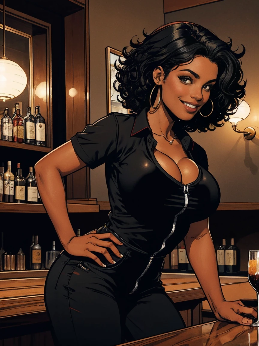 Cardinal, a gorgeous bartender woman with (dark skin, short curly black hair) wearing a black polo, tight slacks. Athletic, huge breasts, wide hips. Short curly black hair, mixing a drink. Smiling. Confident. At a high-end bar, luxury hotel. cleavage.