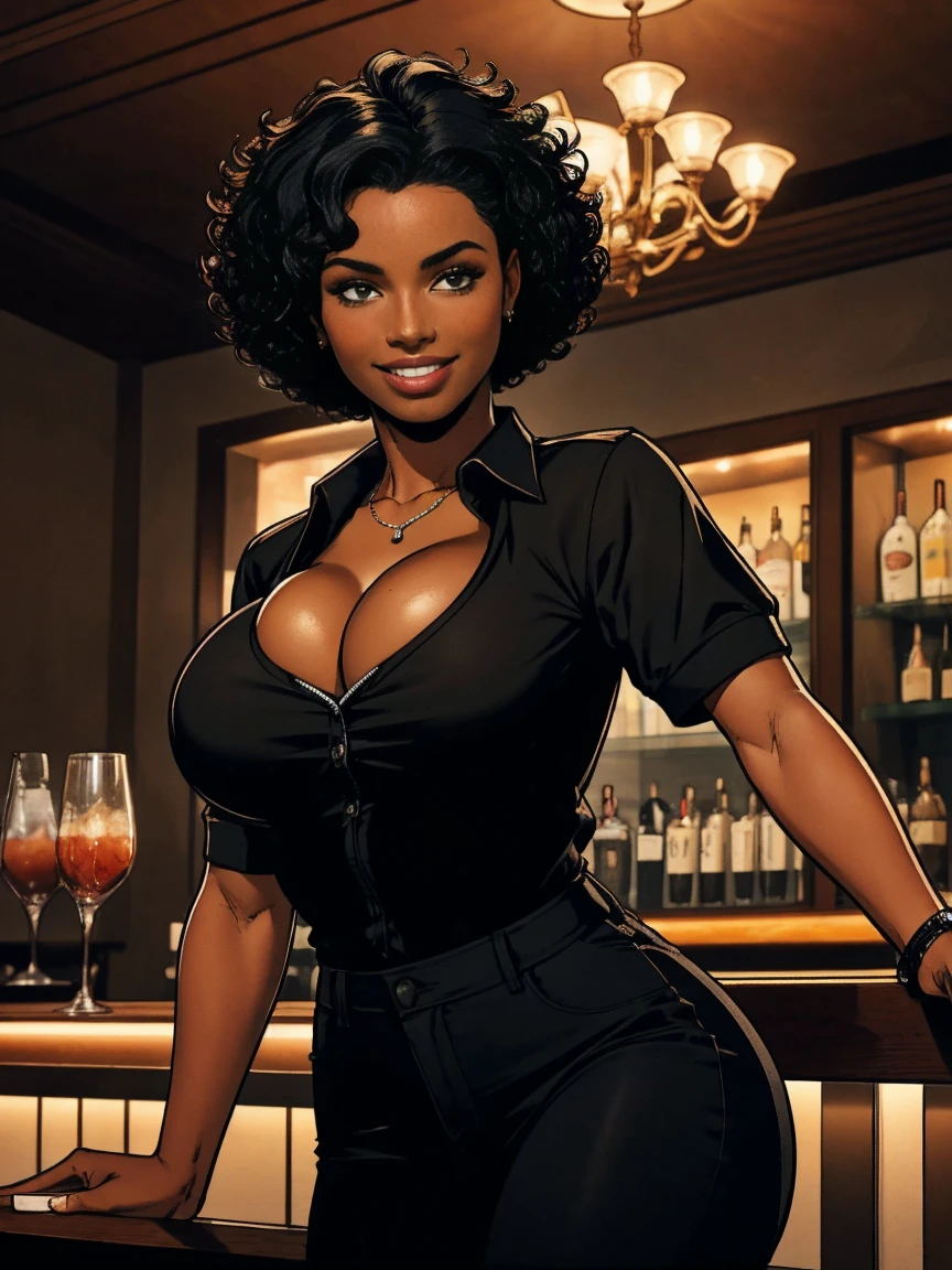 Cardinal, a gorgeous bartender woman with (dark skin, short curly black hair) wearing a black polo, tight slacks. Athletic, huge breasts, wide hips. Short curly black hair, mixing a drink. Smiling. Confident. At a high-end bar, luxury hotel. cleavage.