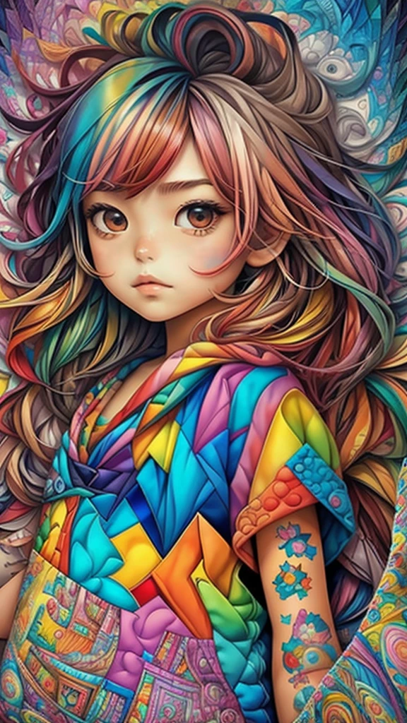 Eduardo Kobra quilting ,multidimensional geometric wall PORTRAIT, artistry, chibi, yang08k, comely, Colouring, Primary works, top-quality, best qualityer, offcial art, Beautiful and Aesthetic, colorful hair,