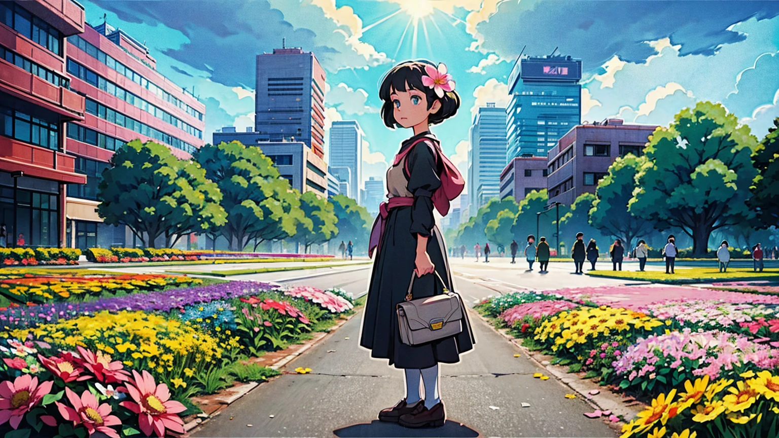 A vibrant flower blooms on the dirty ground of a large gray avenue. A crowd of gray, soulless people crosses the streets. A colorful , glowing with bright hues, stands protectively over the flower, protecting it with her little hands and determined eyes. Sunlight breaks through the dark clouds. Studio Ghibli style