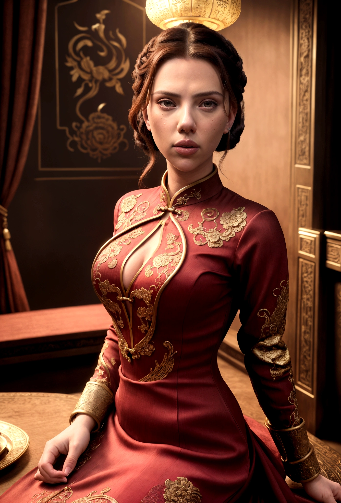 a woman (Scarlett Johansson Age 25), wearing an ornate cheongsam dress, detailed facial features, beautiful eyes, expressive lips, long eyelashes,beautiful skin,elegant hairstyle,feudal china setting,merchant family manor,greeting imperial emissaries,dramatic lighting,rich color palette,cinematic composition,intricate architectural details,opulent decor,stunning visual impact,(best quality,8k,highres,masterpiece:1.2),ultra-detailed,(realistic,photorealistic,photo-realistic:1.37),cinematic,dramatic,intricate,ornate,elegant,atmospheric,moody,rich colors