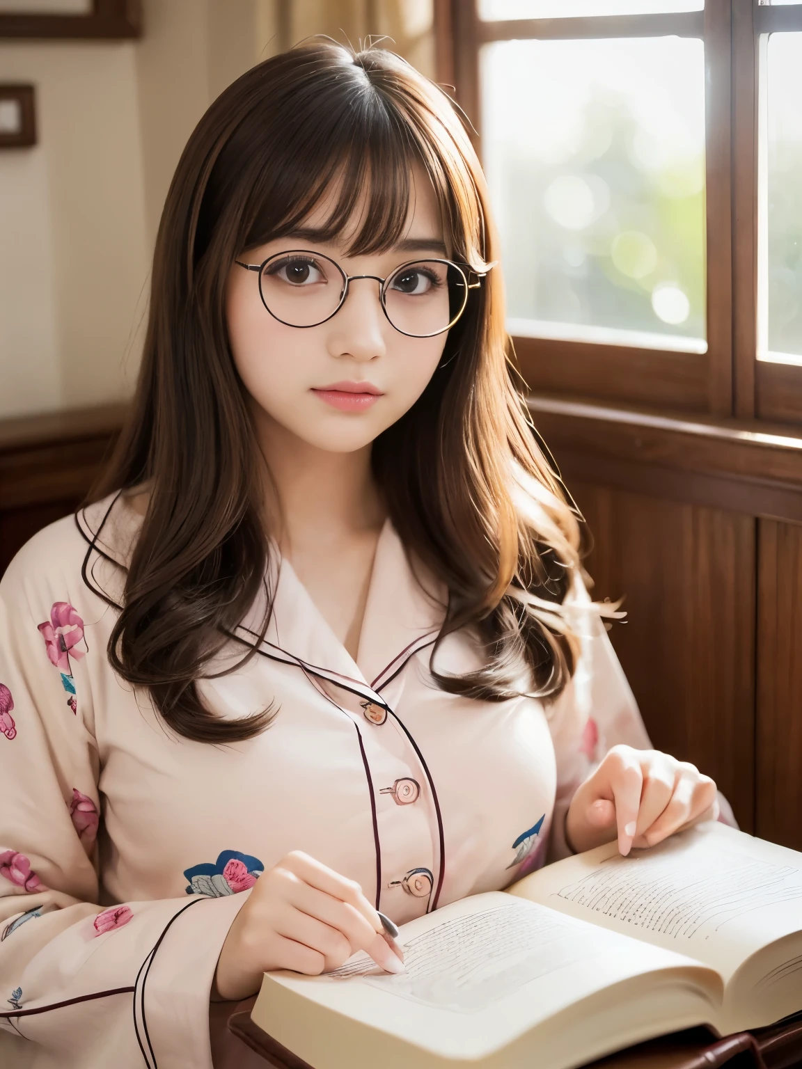 (Best-quality, Masterpiece, Ultra-High-Resolution, (Photorealistic:1.4), Raw Photo, depth of field, professional lighting, perfect anatomy, extremely details), 1girl, 15-years-old, the most famous Japanese idol, in Cute interior room, reading book, (wearing pajama with cute-design and big round glasses), (extremely cute face like the most popular Japanese idol, ((extremely cute and extremely big round-eyes)), extremely beautiful and extremely realistic hair), (((extremely beautiful and extremely realistic skins))), extremely beautiful and extremely realistic long-eyelashes, extremely beautiful and extremely realistic lips, detailed Cute-interior-room, detailed book, detailed big-round-glasses