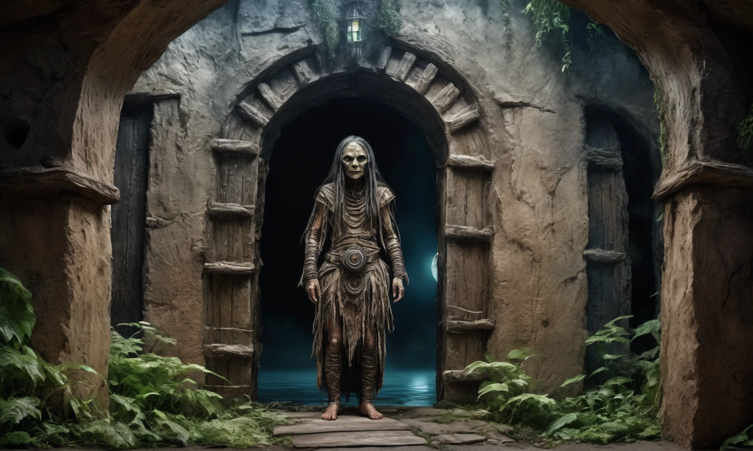 full body length shot,very beggar niobium mummy of Alien Entity,native american half-Puck, wants eat,survival,fairyland, Medieval castle ,Cinematic,soft colors, Technicolor,natural skin textures, hyper realism, hyper detailed,Extremely detailed,High contrast,Masterpiece,Realistic,Ultra Detailed, intricate details,realistic humid leather,extremly intricate,Epic Realistic, cinematic style, irina yermolova,high contrast,hdr,extremely detailed, deep night landscape,masterpiece, intricate details, eyes extremely detailed, high detailed eyes,8k resolution,retina, Nikon Z9,Norsemade,Li River ,perfect, Elf,transition between two art styles, Double contact, X-ray, Creative, vivid light, fantasy Abstract, Surrealism, super detailed, high resolution, traps against fairies between houses in air,insanity wear,portal,magic