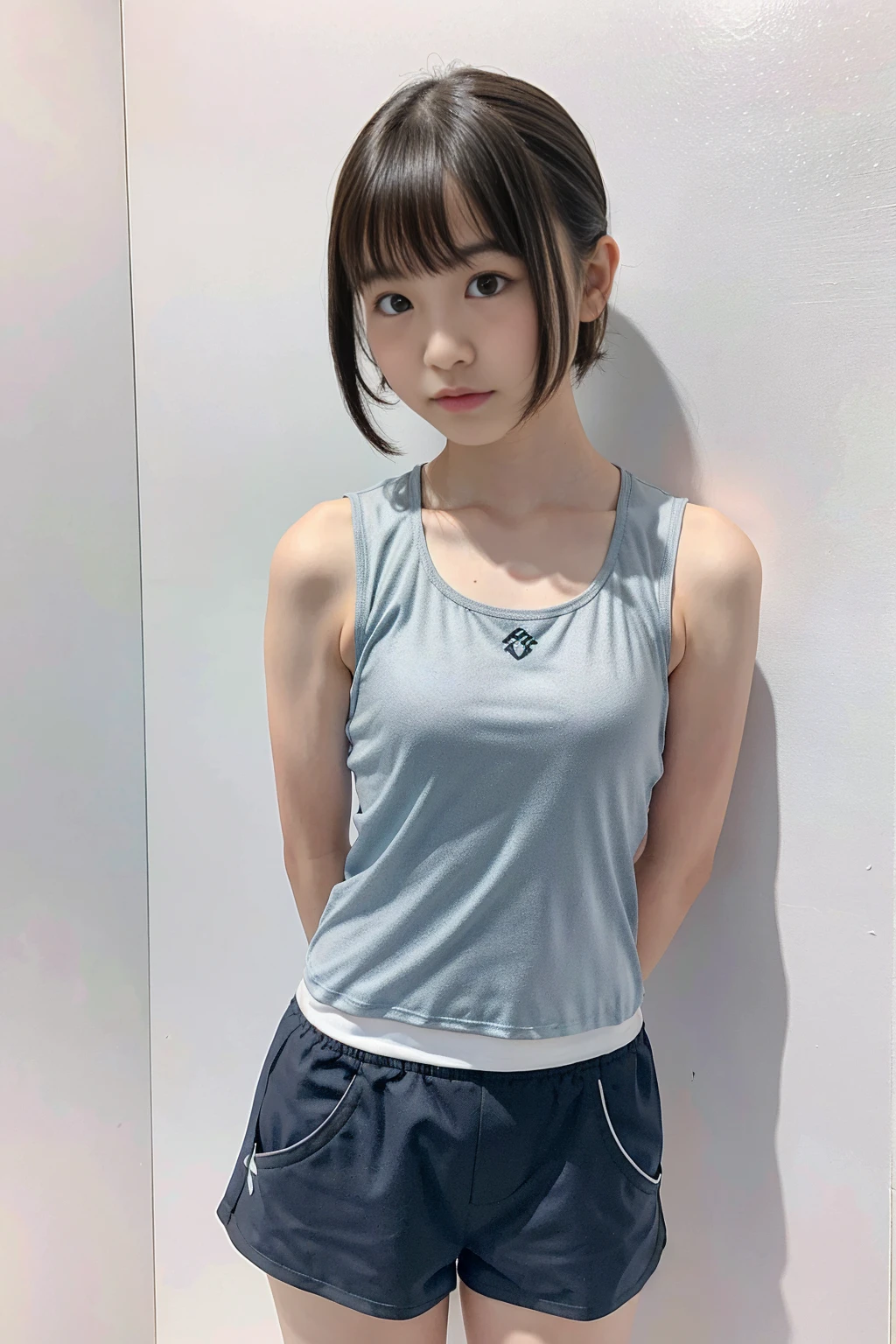 Picture taken from the front, with the left and right sides equally spaced, draw symmetrically, simple background, equally spaced left and right, stand upright, cowboy shot, (arms behind back:1.5), One girl, 18 years old, very short hair, ((tanktop, gym shorts))