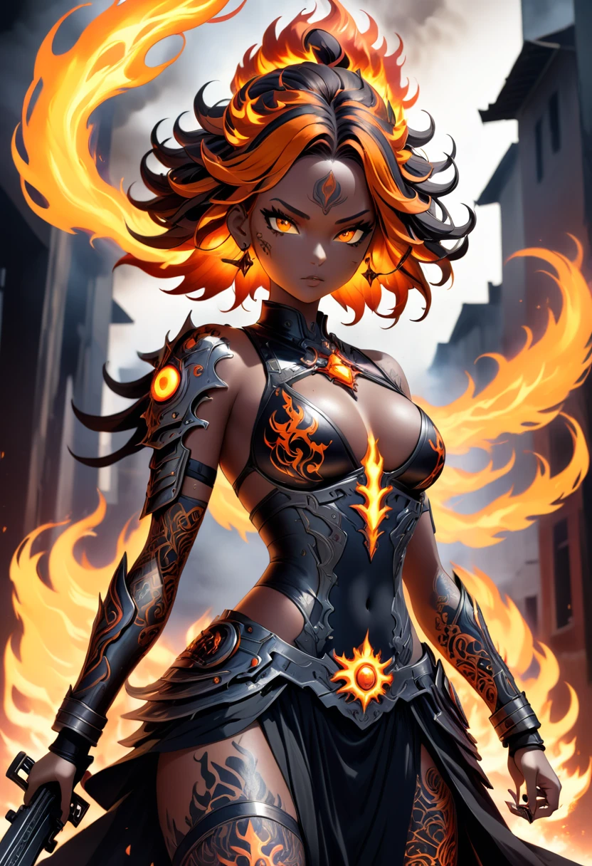 A stunning, high-contrast illustration of a supernatural being known as Sonbi. She is depicted with fire and metal elements, her right hand holding a flaming sword while her left hand wields an automatic machine gun, both ablaze with orange flames. Her body is covered in a mix of metallic and fiery tattoos, and her eyes glow with an intense, fiery energy. The background is a chaotic, dystopian scene, with the remnants of a destroyed city and a storm of smoke and fire enveloping the area.