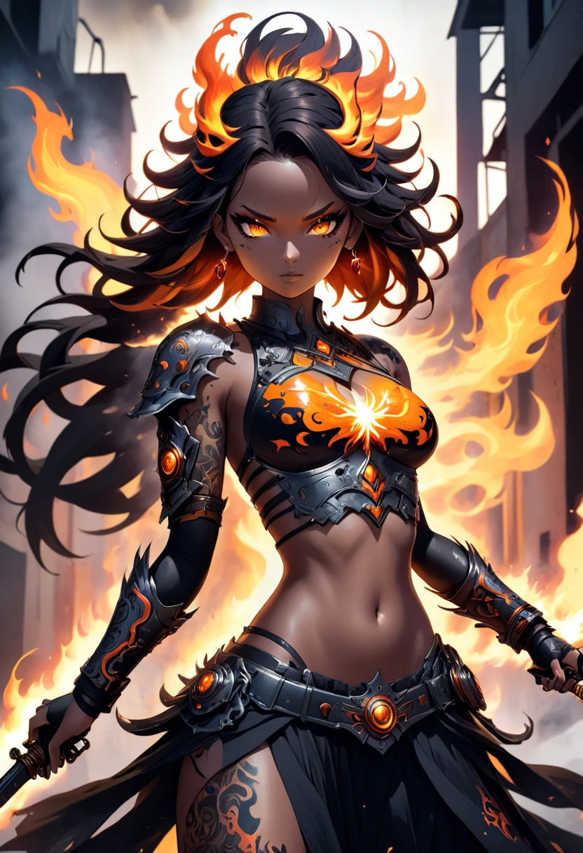 A stunning, high-contrast illustration of a supernatural being known as Sonbi. She is depicted with fire and metal elements, her right hand holding a flaming sword while her left hand wields an automatic machine gun, both ablaze with orange flames. Her body is covered in a mix of metallic and fiery tattoos, and her eyes glow with an intense, fiery energy. The background is a chaotic, dystopian scene, with the remnants of a destroyed city and a storm of smoke and fire enveloping the area.