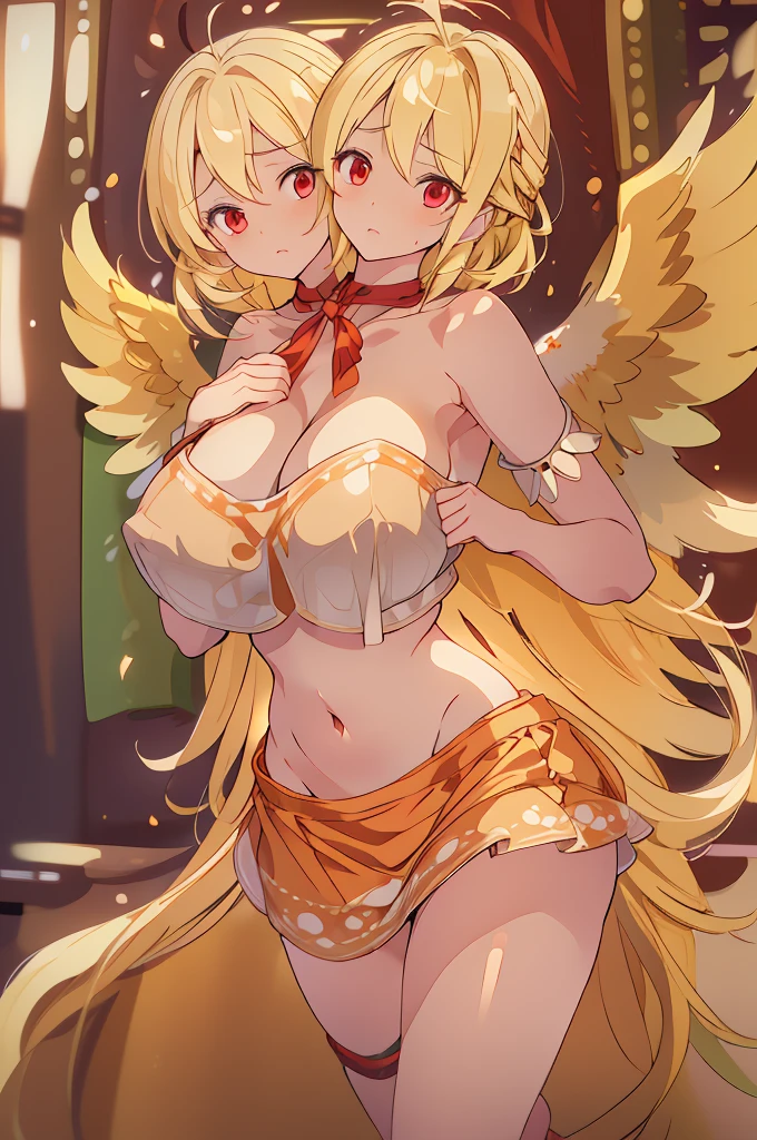 (masterpiece, best quality),best quality, best resolution, (ultra-detailed), (3heads:1.5), 1girl, (Kutaka Niwatari:1.3), masterpiece, best quality, ultra qaulity, ultra resolution, ultra detail, orange puritan and white top, crop top, ((stomach)), midriff, ((groin)), orange-brown skirt, miniskirt, normal ears, shackles, light yellow hair, very long hair, wavy hair, sidelocks, red eyes, parted lips, open belly, sweat, cute, toned belly, hand on own chest, eyelashes, (24 year old woman:1.3), (masterpiece:1.5), (best quality:1.5), (beautiful detailed), extremely detailed CG, extremely delicate and beautiful, depth of field, (finely detailed face), (perfect details:1.2), (mature female:1.3), wide pelvis, slender, large veiny breast, 16k resolution, highres, high quality, high definition, extremely detailed, masterpiece, light yellow hair, long hair, alluring presence, twin braid, short skirt, close up, very big tits, huge tits, young, fluffy yellow wings, bushy, feathery tail, red nest-like extension,