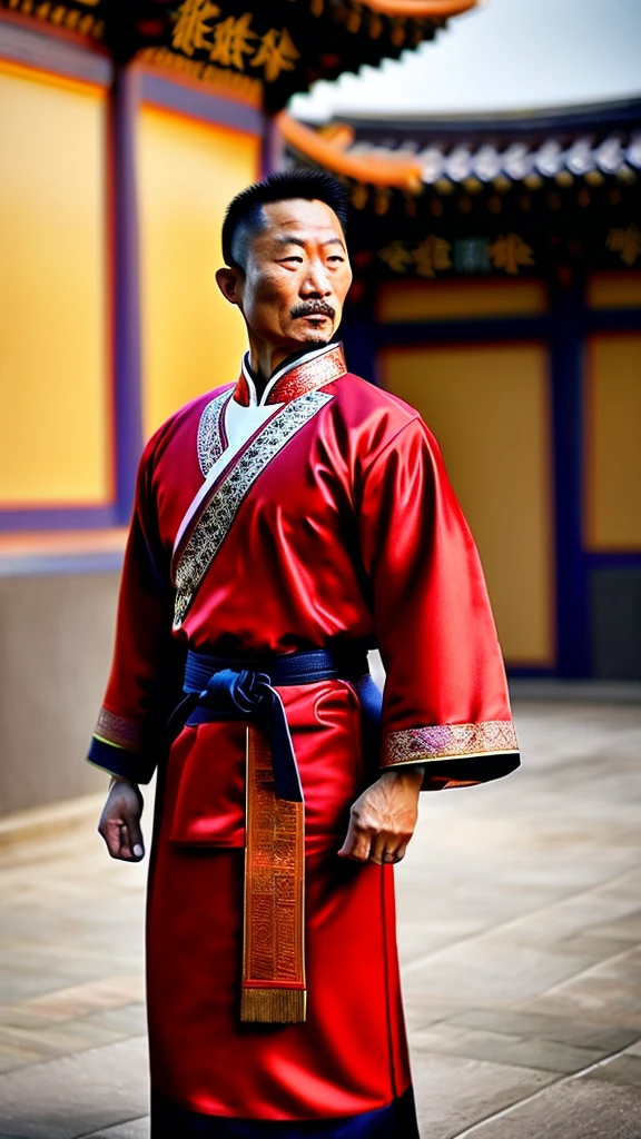 a middle-aged kung fu master wearing a chinese cheongsam dress, detailed facial features, muscular body, dynamic action pose, detailed clothing folds and textures, moody dramatic lighting, cinematic composition, vibrant colors, digital art, concept art style, photorealistic, (best quality,8k,highres,masterpiece:1.2),ultra-detailed,(realistic,photorealistic,photo-realistic:1.37)