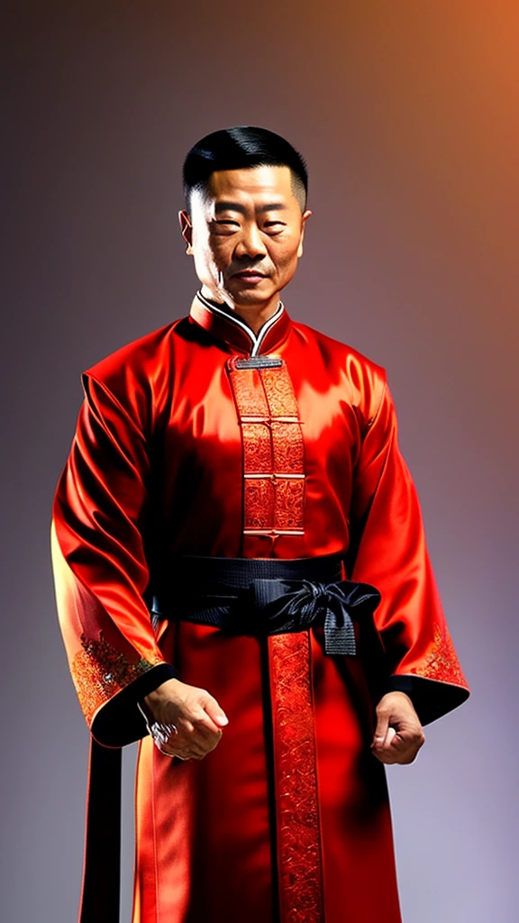 a middle-aged kung fu master wearing a chinese cheongsam dress, detailed facial features, muscular body, dynamic action pose, detailed clothing folds and textures, moody dramatic lighting, cinematic composition, vibrant colors, digital art, concept art style, photorealistic, (best quality,8k,highres,masterpiece:1.2),ultra-detailed,(realistic,photorealistic,photo-realistic:1.37)