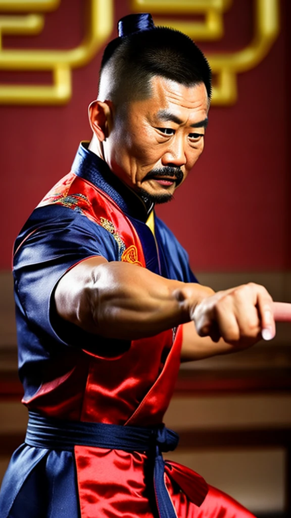 a middle-aged kung fu master wearing a chinese cheongsam dress, detailed facial features, muscular body, dynamic action pose, detailed clothing folds and textures, moody dramatic lighting, cinematic composition, vibrant colors, digital art, concept art style, photorealistic, (best quality,8k,highres,masterpiece:1.2),ultra-detailed,(realistic,photorealistic,photo-realistic:1.37)