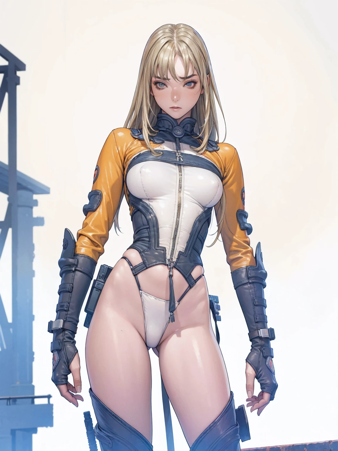 (((blonde))), (((best qualityer: 1.4))), (((bionde))), (((DuneWalker))), (((post-apocalypse))), (Unbeatable masterpiece), (hiper HD),(CG 8k hyper-realistic), (((breasts big))), (((hyper feminine))), sensuous girl, (bob hair with straight bangs), ((( sculptural body ))), (((1 girl))), 20 year anime girl with perfect body, Beautiful and well-groomed face, slanted eyes, muscular body:1.2, costume with textured details in pixel art, (Head to thigh photos)，modern samurai pants, Complex equipment, rot, cerulean, yellow, orange, Violette, long pants，Tight, dark clothes，With white stars and white stripes, Metal parts in armor, afro girl, (((standing alone))), pirralha violent, (((***))), sensuous, pose de atitude, work of art, post-apocalypse, (((manga style))), Bounty Hunter, violent, Manic, the way you want, slenderbody, thin but strong, perfectbody, roupa moderna, Advanced technology, short shorts with checkered pattern in red and black, fur collar jacket, sleeves with vertical striped pattern, neutral background