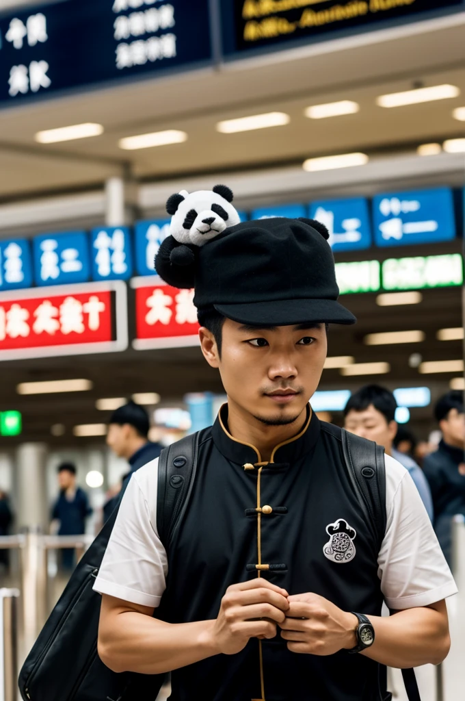 A Chinese man with a kun fu panda hat at an airport