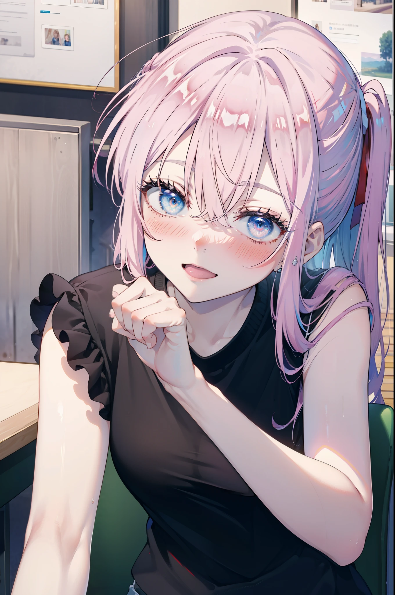 miyakoshikimori, miyako shikimori, Long Hair, blue eyes, Hair between the eyes, Pink Hair,ribbon, red ribbon,blush,smile,Open your mouth,Squint your eyes,black tank top shirt,Shorts,Sitting in a chair,There is food on the table,So that the whole body goes into the illustration,Resting one's chin on one's hand,
break looking at viewer,
break indoors, room,
break (masterpiece:1.2), Highest quality, High resolution, unity 8k wallpaper, (figure:0.8), (Beautiful attention to detail:1.6), Highly detailed face, Perfect lighting, Highly detailed CG, (Perfect hands, Perfect Anatomy),