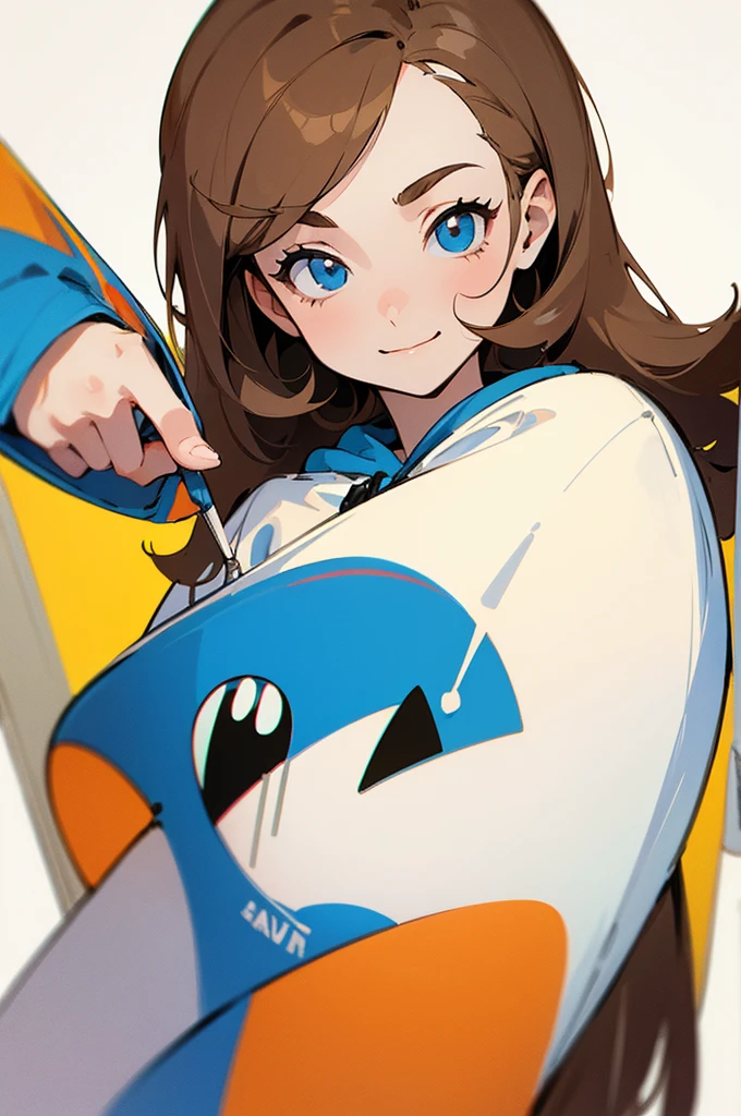 masterpiece, perfect centering, one cute woman, twitter user, light brown hair, shoulder length hair, 25 years old, pale blue simple hoodie, ((slight smile:1.2)), ((white background1.5)), ((pop art:1.2)), cartoon