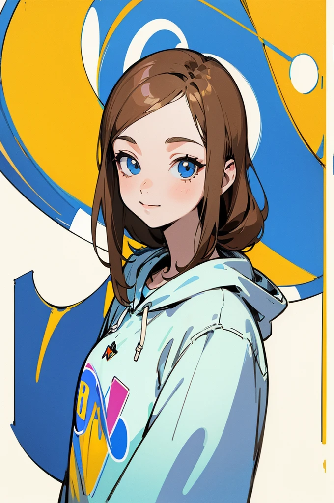 masterpiece, perfect centering, one cute woman, twitter user, light brown hair, shoulder length hair, 25 years old, pale blue simple hoodie, ((slight smile:1.2)), ((white background1.5)), ((pop art:1.2)), cartoon