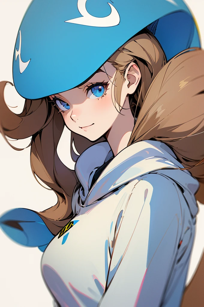 masterpiece, perfect centering, one cute woman, twitter user, light brown hair, shoulder length hair, 25 years old, pale blue simple hoodie, ((slight smile:1.2)), ((white background1.5)), ((pop art:1.2)), cartoon
