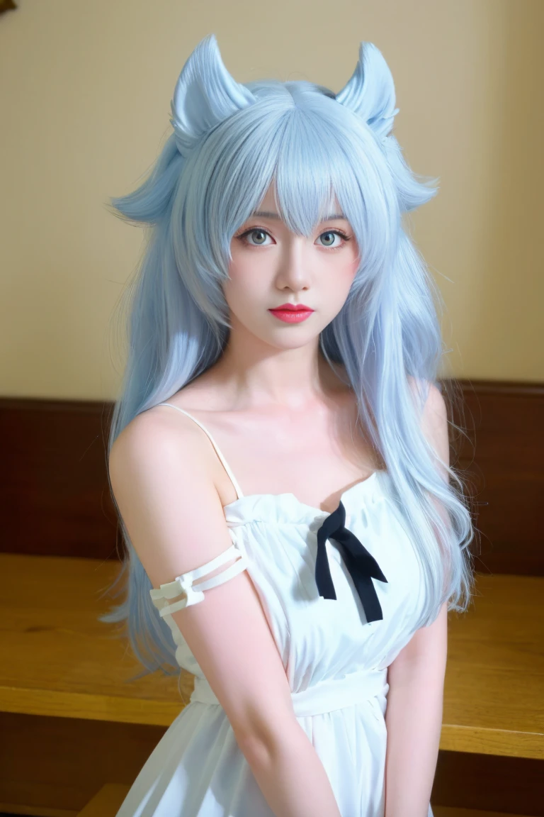 best quality, tmasterpiece,Ultra-high resolution,Clear face,（Reality：1.4），ferpect lighting，(upper body shot:1.5), (photorealistic:1.50), anime wallpaper, Guviz style artwork, cover-up fantasy up to magic , by Yang J, Guviz, beautiful artwork illustration, beautiful digital artwork, beautiful digital illustration, Li Song, beautiful anime portrait, art style in Beauvot,1girl, 独奏, long hair, Messy hair, (white hair), long hair, (animal ears:1.5), blue eyes, (white clothes),(white dress),bracelets, bare shoulders, plaid, gladiator sandals, standing, indoor, Curtain background,