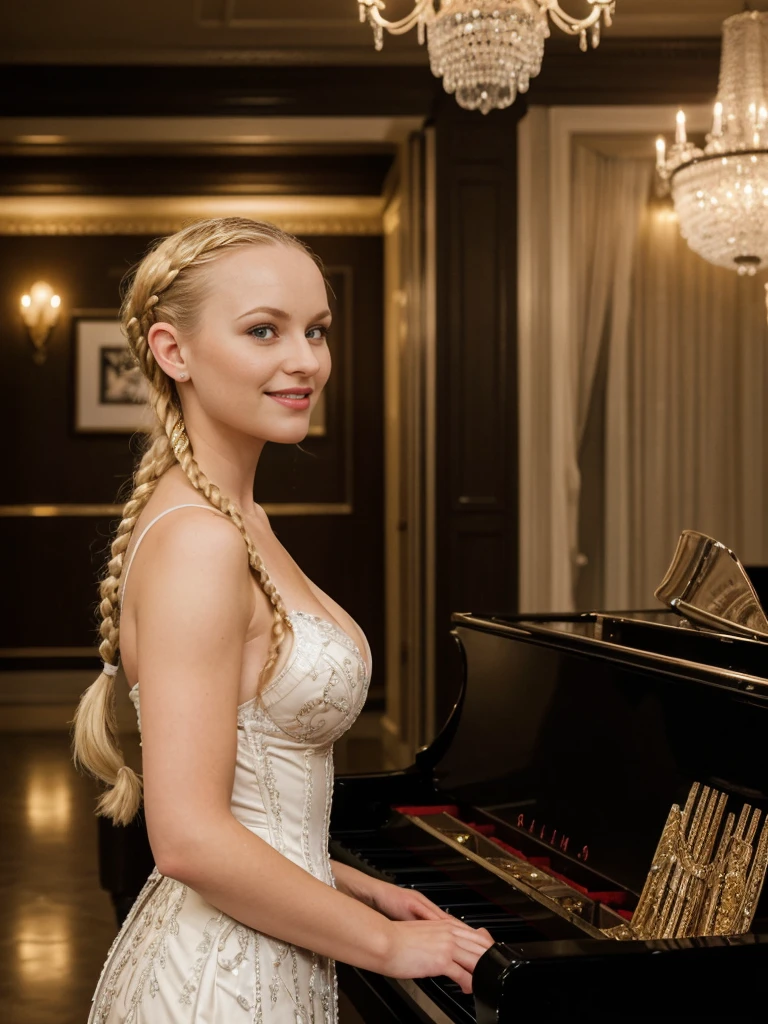 solo, realistic, photorealistic, natural lighting, (large forehead, (((Latvian woman))), (((Latvian nose))), (((Latvian eyes))), (((blonde))), (((braids))), (((Latvian face))), (((Latvian lips))), (((Latvian body))), (((fair complexion))) pose: standing, smiling, wearing Corset-Style Dress , cleavage, , background:Located downtown, this elegant lounge features art deco accents, velvet drapes, and a grand piano. Guests sip classic cocktails amidst crystal chandeliers and black-and-white cityscape photographs, serenaded by live jazz music.