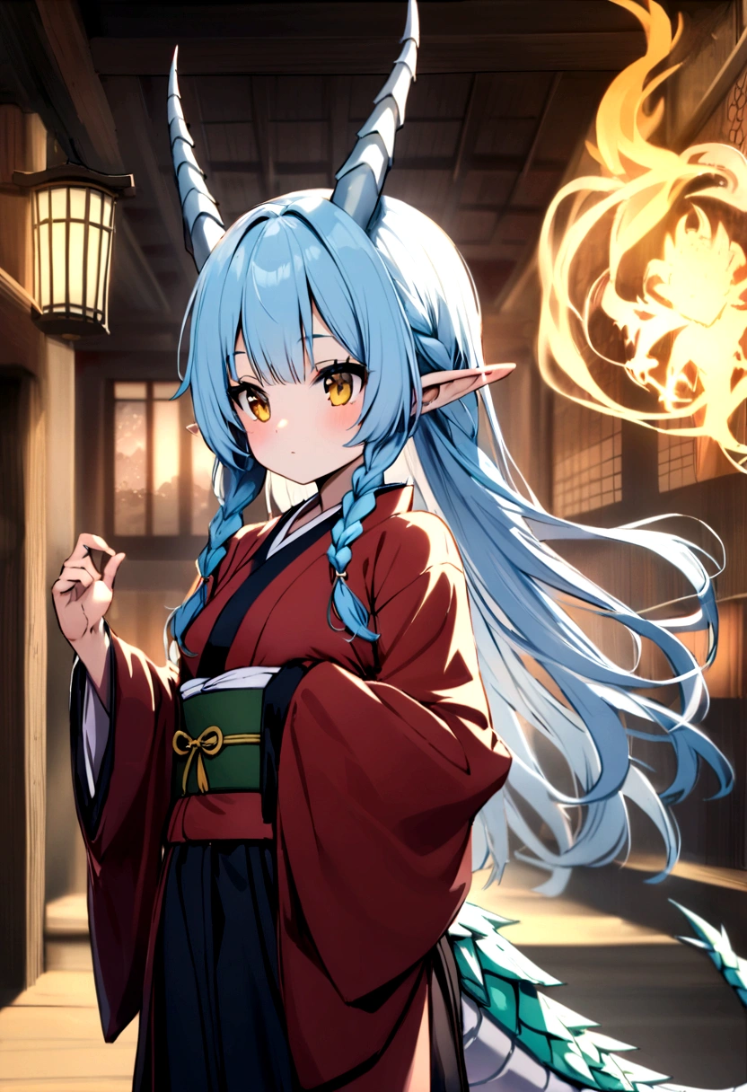 cute young girl, light blue hair, long hair, small braids hair, yellow eyes, dragon horn, dragon tail, elf ear, muscular body, small breast, japanese outfit, magic spirit
