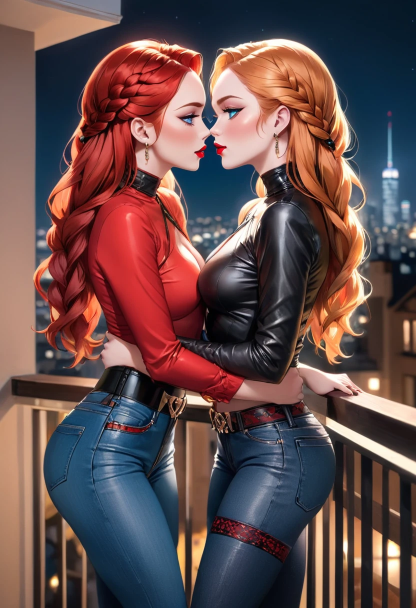 Two beautiful women with long braided red hair and mid wavy blond hair, respectivetly, with blue eyes wearing a Blue Tight Jeans Skirt With Black Leather Belt, a Sexy Criss Cross Mock Neck Mid Sleeves Blouse, ((luxurious jewelry)), standing in a balcony at night, hugging closely and kissing each other (white skin), (red lipstick), (elegant mascara), (muscular body with abs), (small breasts) midjourney, <lora:GoodHands-, <lora:GoodLegs-, UHD, high resolution, (masterpiece:1.1, best quality), (expressive eyes, perfect face, full body, expressive face, perfect body, athletic, fit, slim body, blushing, Perfect makeup, eyeliner, beautiful eyelashes, smiling, horny face), ((Red Blouse)), ((Black Blouse)), ((Tight dress)), ((best illumination, best shadows)), ((lesbian kiss)), ((grabbing each other's ass))