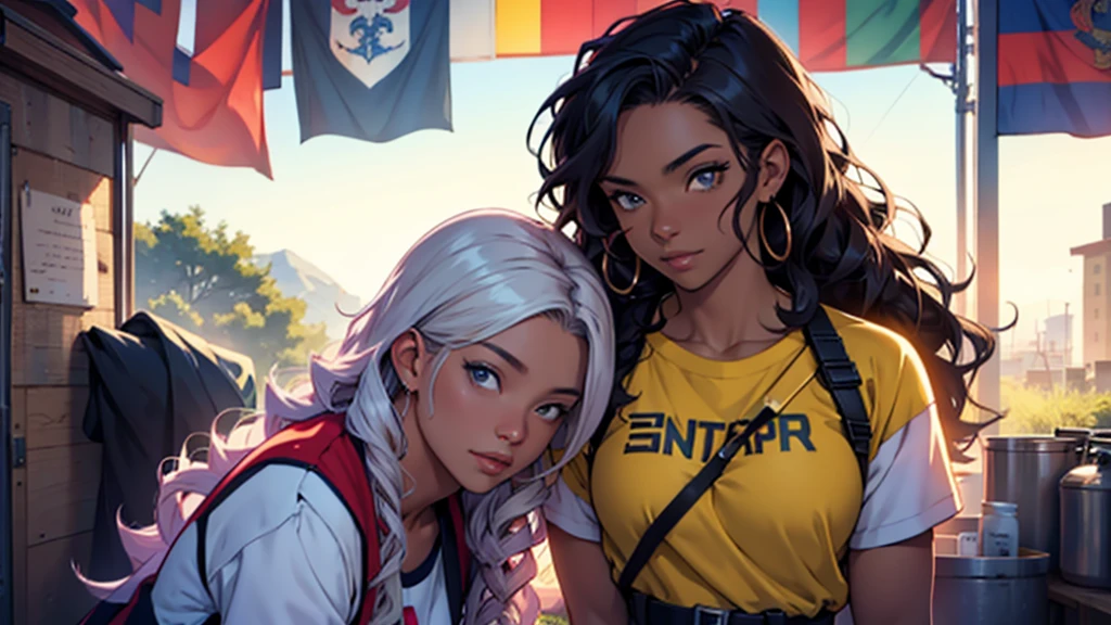 light skin couple with long curly hair, in the background with the lesbianhings