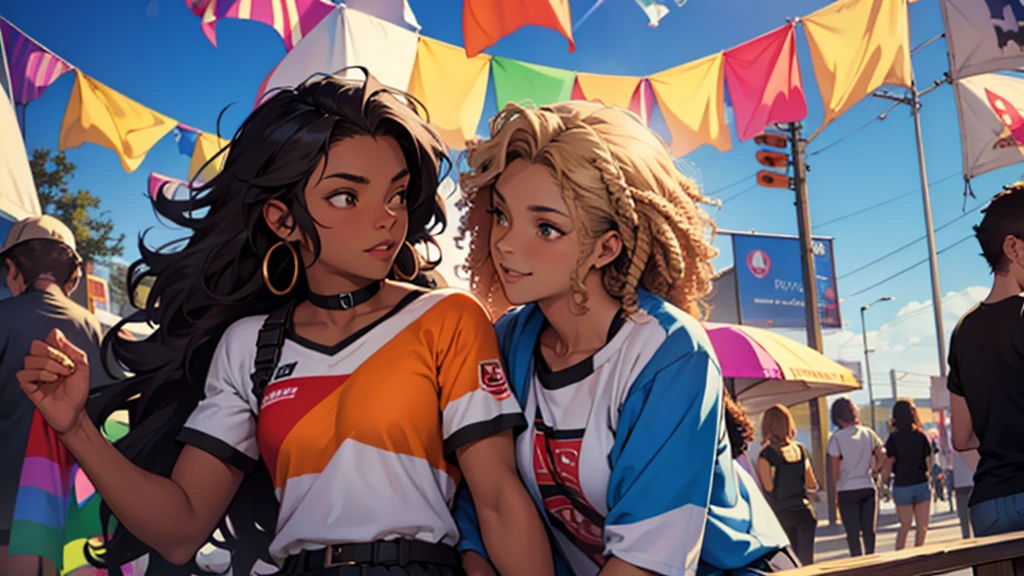 light skin lesbian couple with long curly hair, in the background with the lesbian flag things