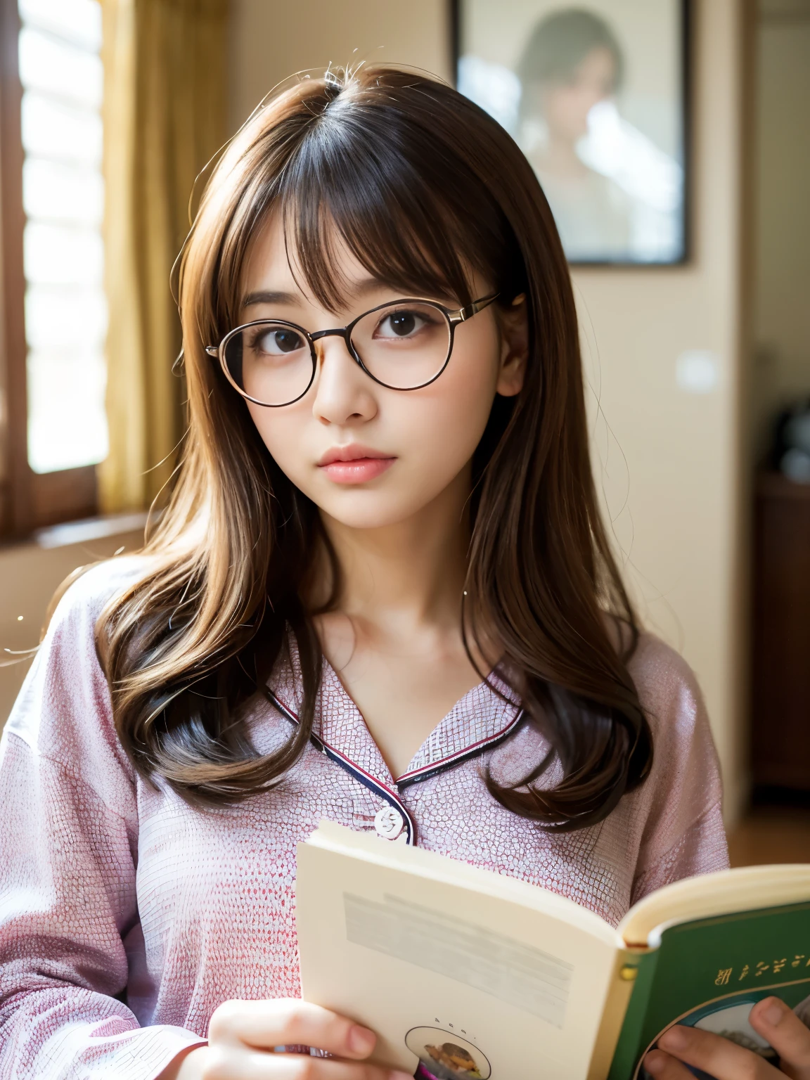 (Best-quality, Masterpiece, Ultra-High-Resolution, (Photorealistic:1.4), Raw Photo, depth of field, professional lighting, perfect anatomy, extremely details), 1girl, 15-years-old, the most famous Japanese idol, in Cute interior room, reading book, (wearing pajama with cute-design and big round glasses), (extremely cute face like the most popular Japanese idol, ((extremely cute and extremely big round-eyes)), extremely beautiful and extremely realistic hair), (((extremely beautiful and extremely realistic skins))), extremely beautiful and extremely realistic long-eyelashes, extremely beautiful and extremely realistic lips, detailed Cute-interior-room, detailed book, detailed big-round-glasses