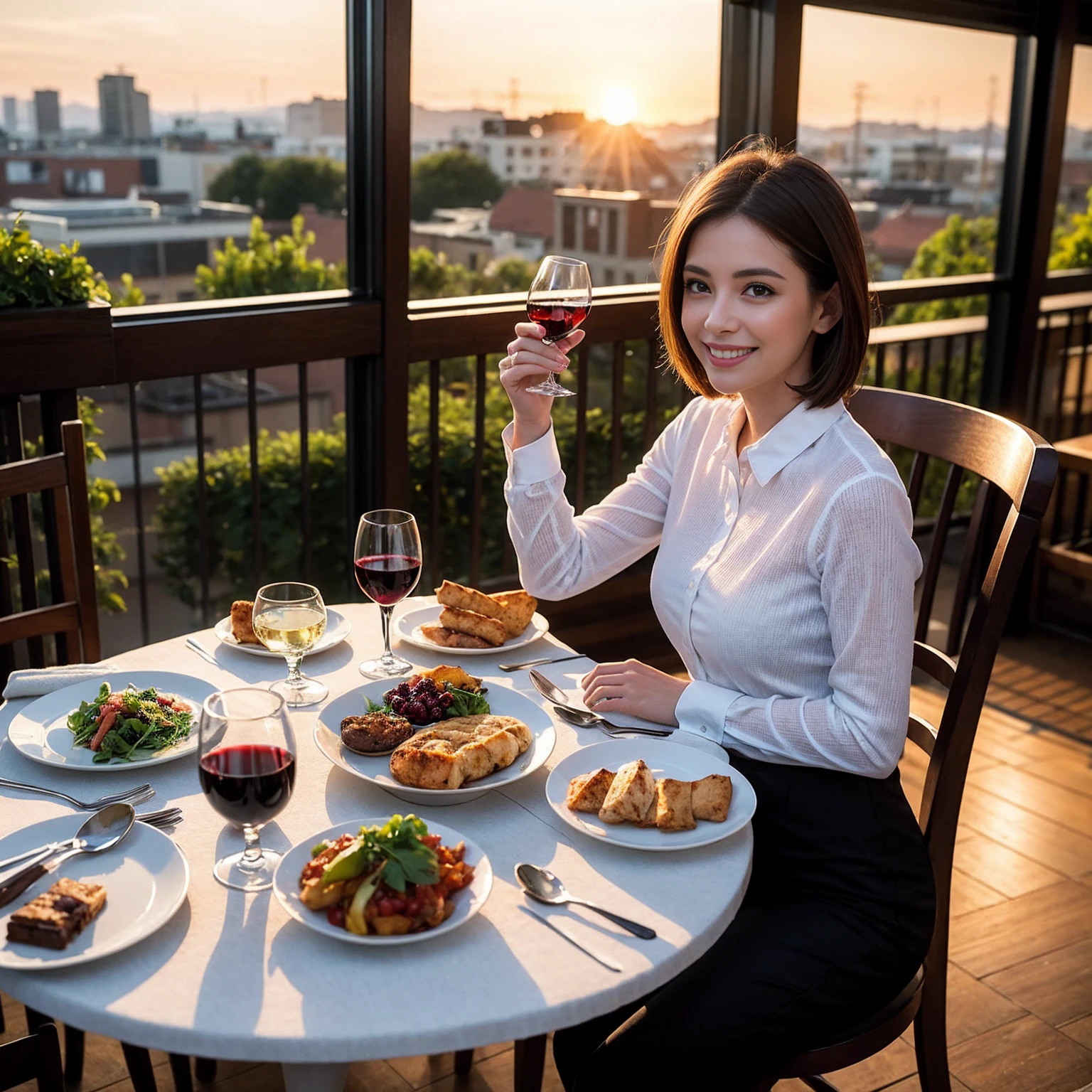 ((Highest quality、8K、masterpiece:1.3))、 (Genuineistic, Genuine、Bright image、Intricate details:1.2), 最高のsmile、1 male、1 female、Beautiful couple、Love Love Love、fiancee、Good friends、actress couple、smile、Full-course dinner at a packed table、 (Slim face), (the body is slim), (Brown Hair), (short hair), テーブルのwine glass、Please shine a light on my face、 Amazing view of the sunset sky and clouds、 39 years old, red wine 、Appetizers、Wine bottle、sparkling wine、Long sleeve shirt、dress、White wine, red wine, wine glass,
