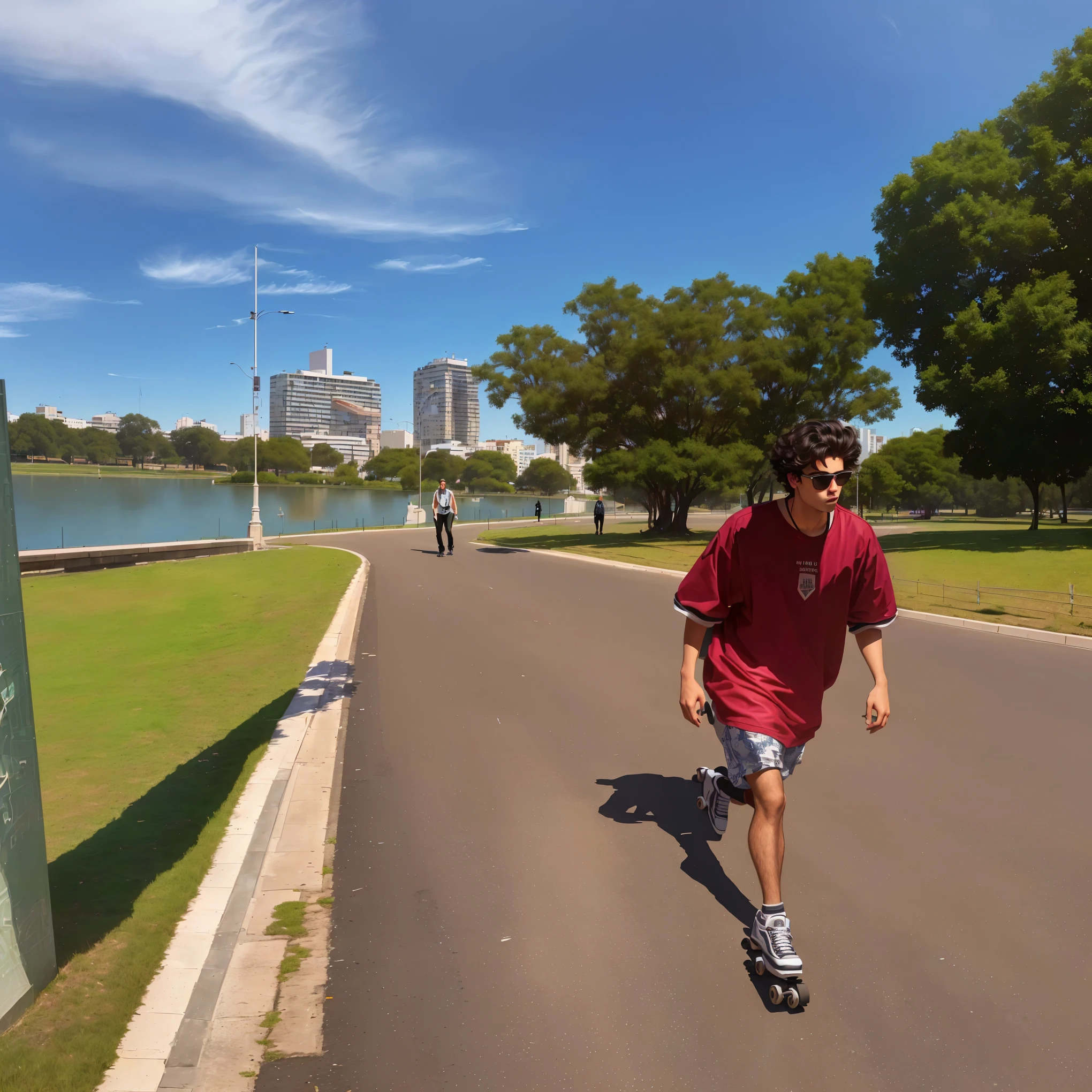 there is a man walking down a road, with a park in the background, walking in the park, with a park in the background, park in the background, In a city park, roller skates, matthew 9 5, malika favre, with a city in the background, Caio Santos, in a park.
