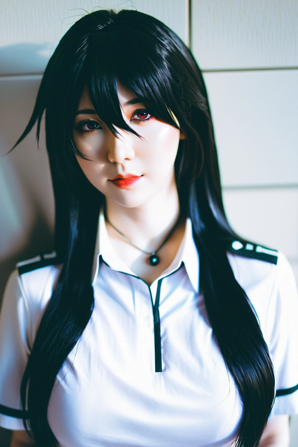 there is a woman with a black hair and a white shirt, anime girl cosplay, anime cosplay, anime style mixed with fujifilm, albedo from overlord, anime inspired, akane owari danganronpa, portrait of an anime girl, cyberpunk anime girl, cosplay, jet black haired cyberpunk girl, portrait of anime girl, anime style