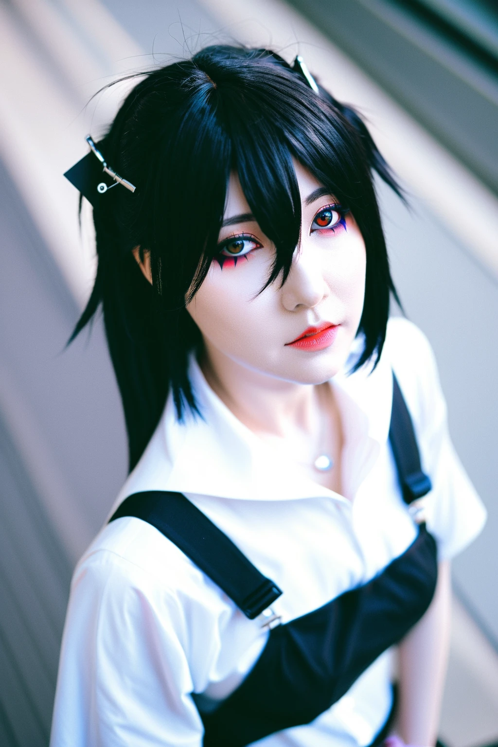 there is a woman with a black hair and a white shirt, anime girl cosplay, anime cosplay, anime style mixed with fujifilm, albedo from overlord, anime inspired, akane owari danganronpa, portrait of an anime girl, cyberpunk anime girl, cosplay, jet black haired cyberpunk girl, portrait of anime girl, anime style