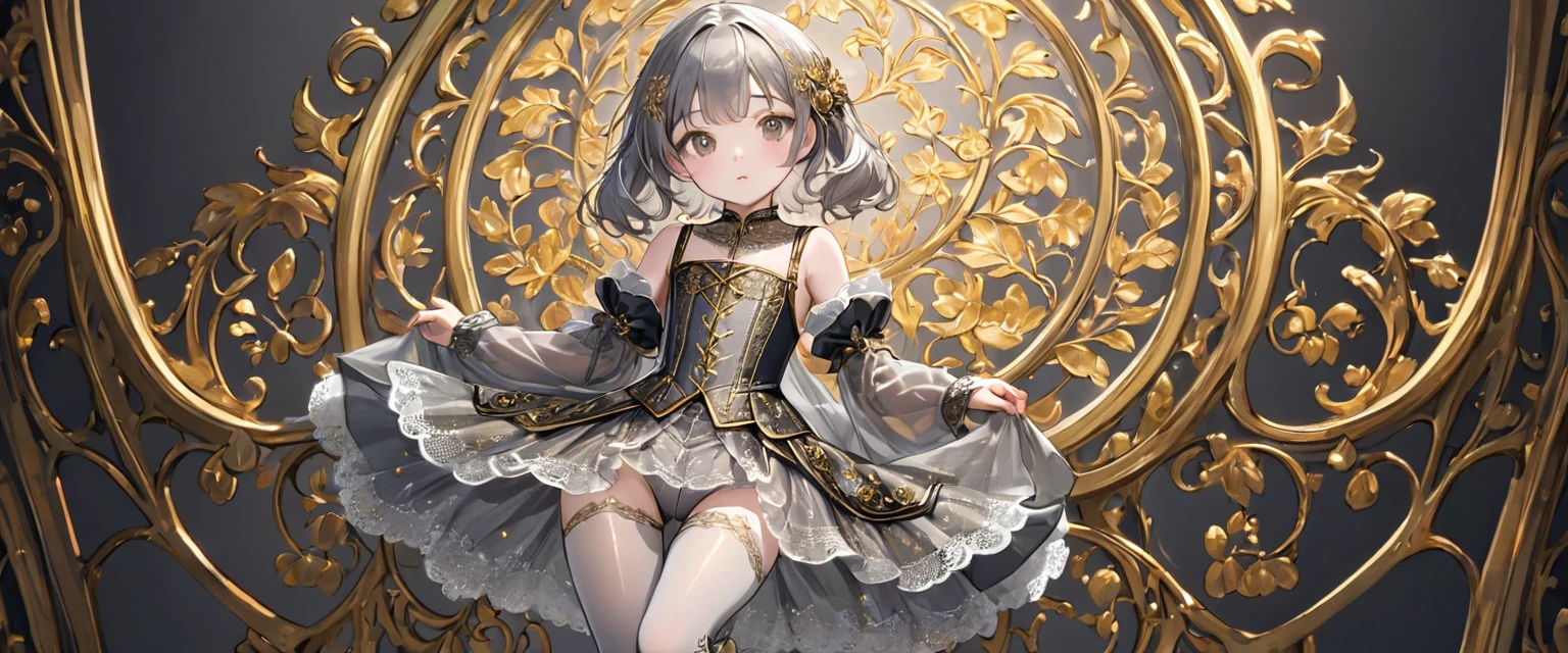 8 year old medieval girl、 Gold and silver embroidery, underwear姿、Translucent bloomers with knee-length lace(underwear)Wearing、Wearing a semi-transparent corset、Grey translucent tights