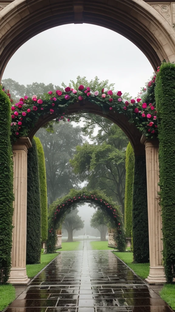 Rose arch wet with rain