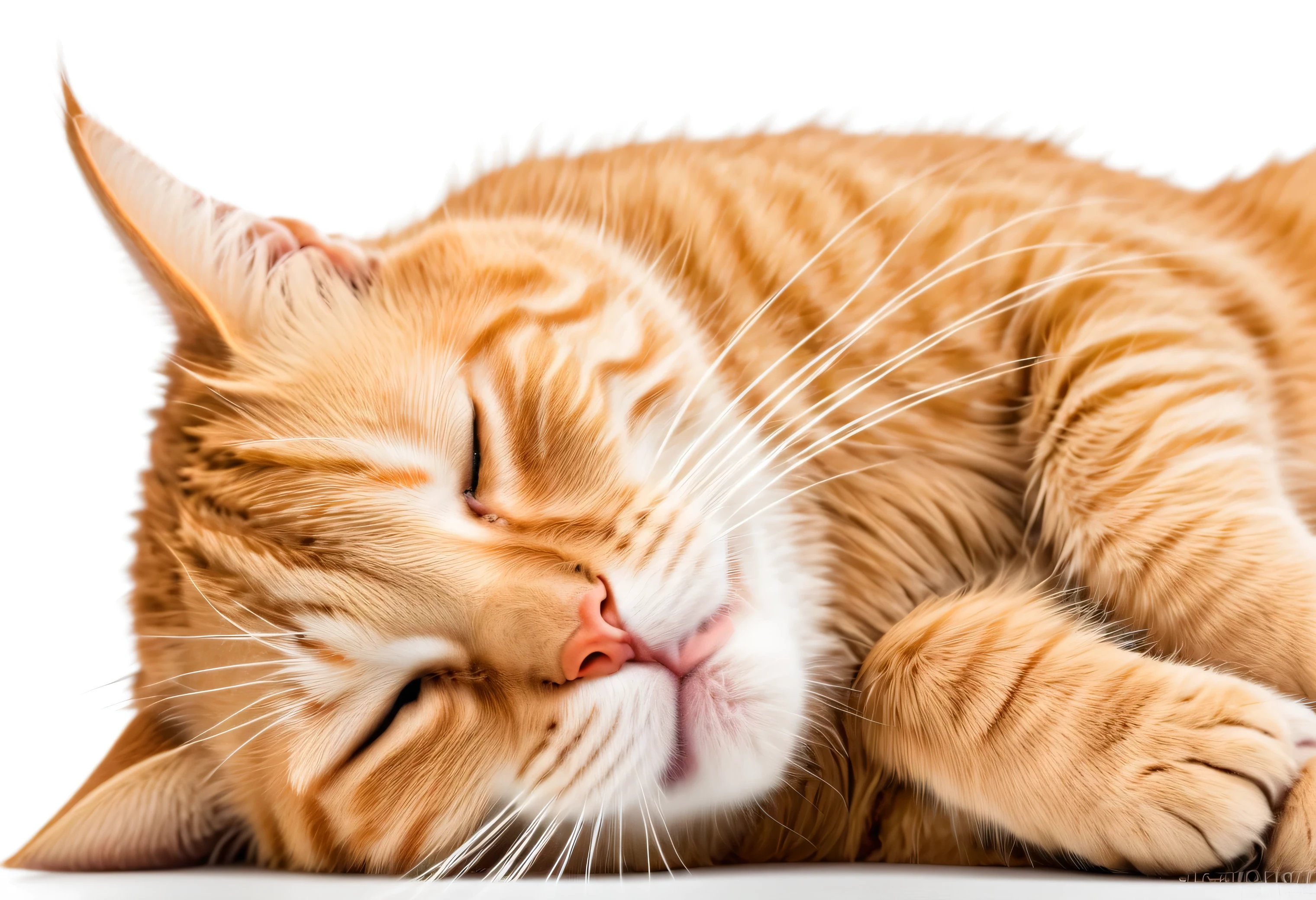 Front side close up of orange cat with a sleepy face expression, isolated white background