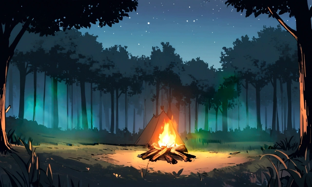 ((((masterpiece, Highest quality, High resolution)))), High detail,Extremely detailed 8K, manga,anime,Illustration Style,Use of bright colors,Ghibli Studio, Game fantasy world view,RPG World,Deep woods, No humans, Game Background, camp,bonfire,Lots of trees々,1 simple tent,Night Forest,There is no one here,中央に赤く明るいbonfire,Beautiful starry sky,Warm atmosphere,Gentle use of colors,Night Forestでのcamp,bonfireには鍋がかけられている,Evidence of cooking,Calm Night,Peaceful Forest,Warm scenery,森は青くbonfireに照らされた場所は赤い,,