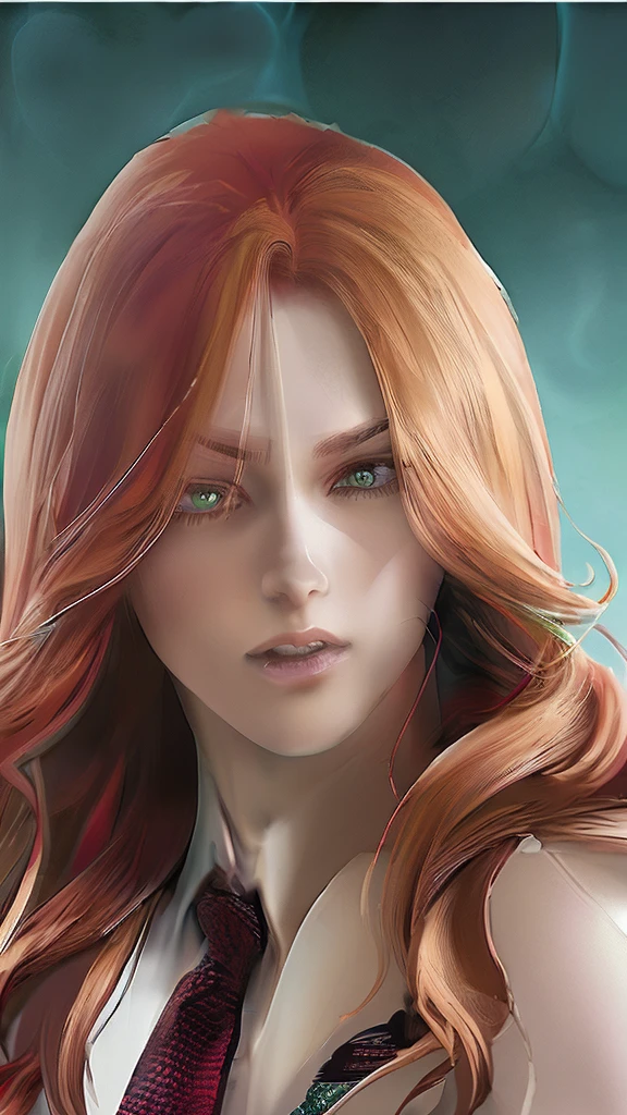 (high quality, 8k, 4K, high contrast, artwork:1.2, high quality, best aesthetics), (dynamic angle), ((1 woman)), erotic, sensual, mature body, super detailed, beautiful face detailed, beautiful eyes detailed, detailed beautiful mouth, perfect breasts, wide thighs, sexy body, caucasian, red hair, long hair, long wavy hair, green eyes, long eyelashes, blushing, arrogant and dominant expression, seductive, white dress shirt with black tie, short black skirt, sitting on top of a desk, classroom, green chalkboard in the background.