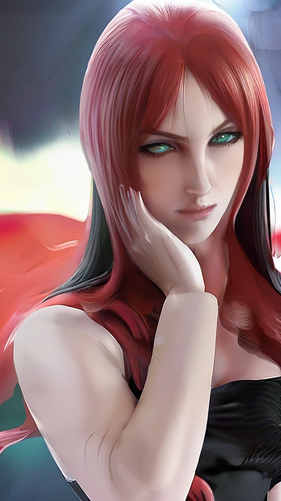 (high quality, 8k, 4K, high contrast, artwork:1.2, high quality, best aesthetics), (dynamic angle), ((1 woman)), erotic, sensual, mature body, super detailed, beautiful face detailed, beautiful eyes detailed, detailed beautiful mouth, perfect breasts, wide thighs, sexy body, caucasian, red hair, long hair, long wavy hair, green eyes, long eyelashes, blushing, arrogant and dominant expression, seductive, white dress shirt with black tie, short black skirt, sitting on top of a desk, classroom, green chalkboard in the background.