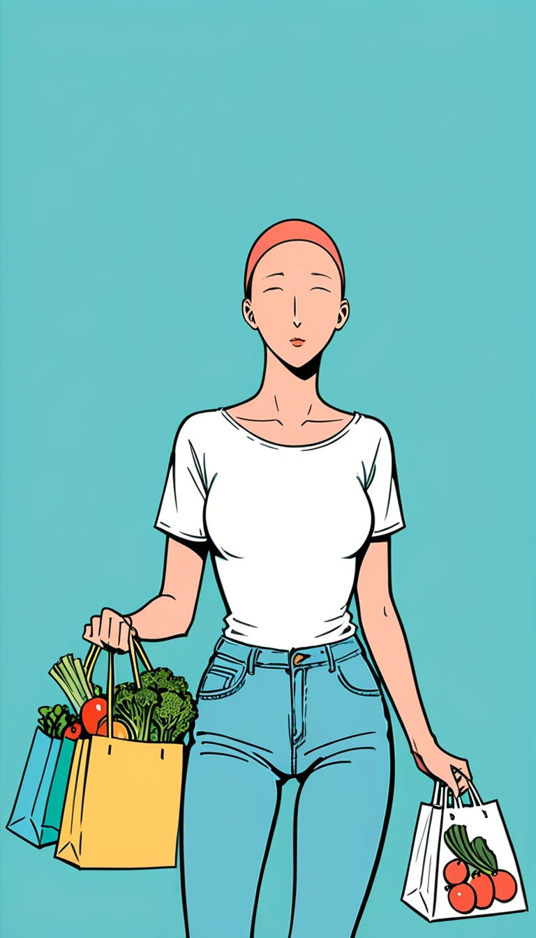 (Jean Julian (Jean Jullien) style:1.7)
1 Girl,
BREAKCasual wear,Holding 1 shopping bag,Plastic bags filled with fresh ingredients,Solid color background,fantasy,漫画style,简约style,make faces,Rear view,Looking at the camera,Beautiful movements,