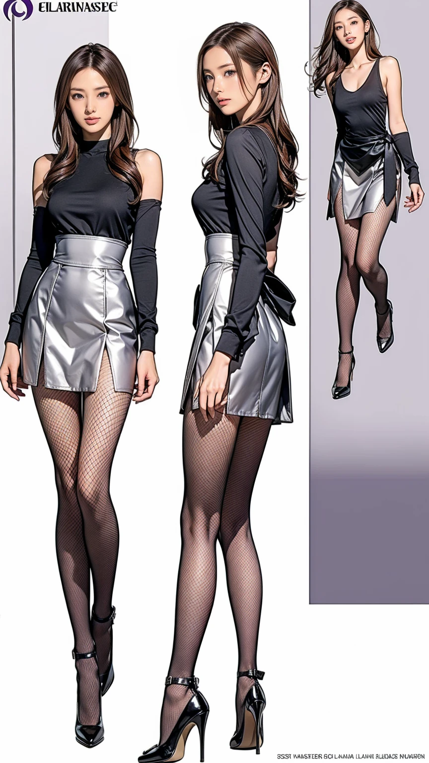 ((masterpiece)),(((Highest quality))),((Character design sheet)),Thin thighs,Long legs,wearing black fishnet tights:1.5,The best smile:1.5,Full Body Shot:1.5,masterpiece, Highest quality, One Girl, Elaina_(May_no_gossip), Silver Hair, Purple eyes, Long Hair,