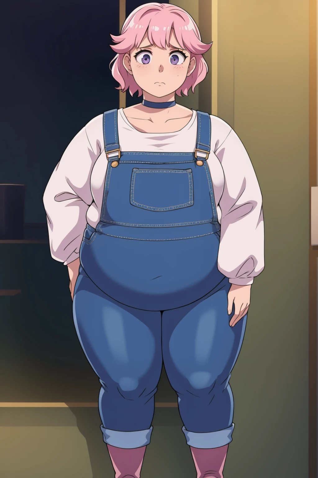 (Pale skin:1.0)Up close, Holding belly, hands on belly, outgrown clothes, (Sad:1.1), (Sad face:1.1)Pale skin, (Obese:1.1),fat, Slightly chubby, sad, farm backround, upper body, looking at viewer, 1girl, solo, short pink hair, (dark blue choker), (dark blue denim overalls), (purple eyes), (pink boots), (white shoulder lantern sleeve blouse, tucked in pants