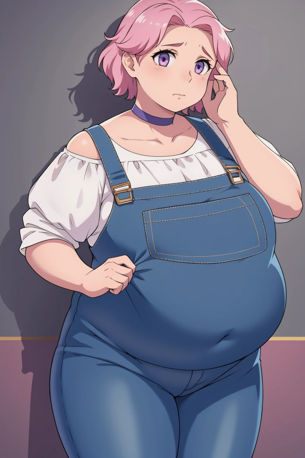 (Pale skin:1.0)Up close, Holding belly, hands on belly, outgrown clothes, (Sad:1.1), (Sad face:1.1)Pale skin, (Obese:1.1),fat, Slightly chubby, sad, farm backround, upper body, looking at viewer, 1girl, solo, short pink hair, (dark blue choker), (dark blue denim overalls), (purple eyes), (pink boots), (white shoulder lantern sleeve blouse, tucked in pants